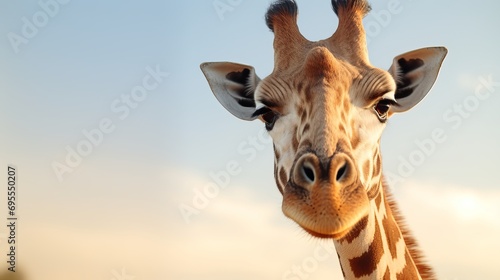 A close-up of the giraffe's head with its eyes focused on the camera © Shabnam