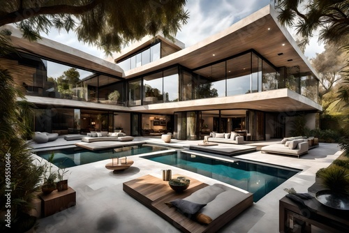 A sophisticated mansion with a seamless blend of indoor and outdoor spaces  surrounded by carefully curated gardens.
