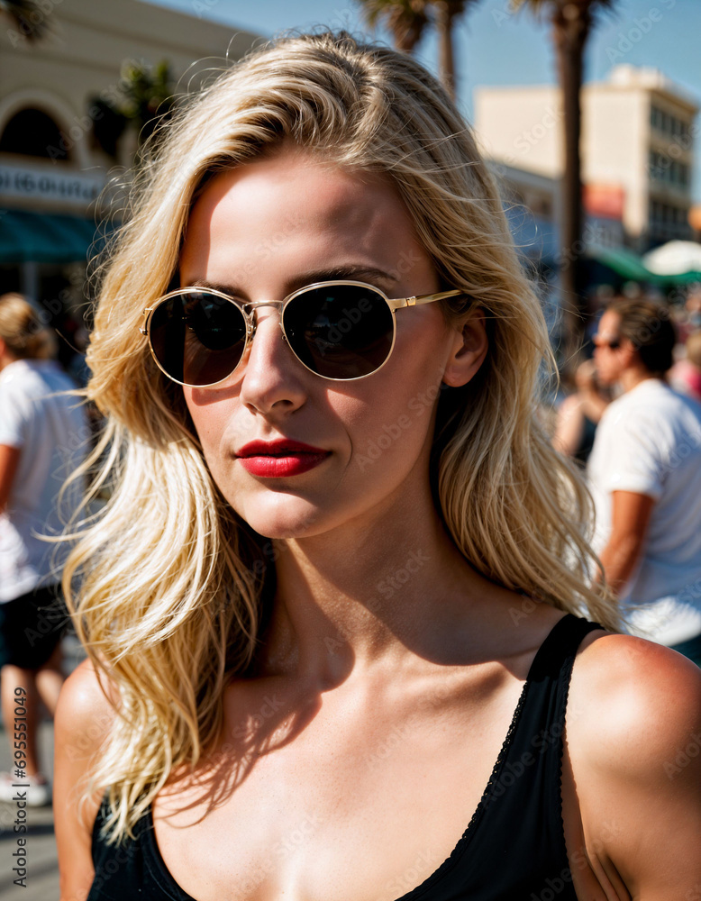 photo of beautiful woman with sunglasses and blonde hair at sand beach city street, generative AI photo of beautiful woman with sunglasses and blonde hair at sand beach city street, generative AI