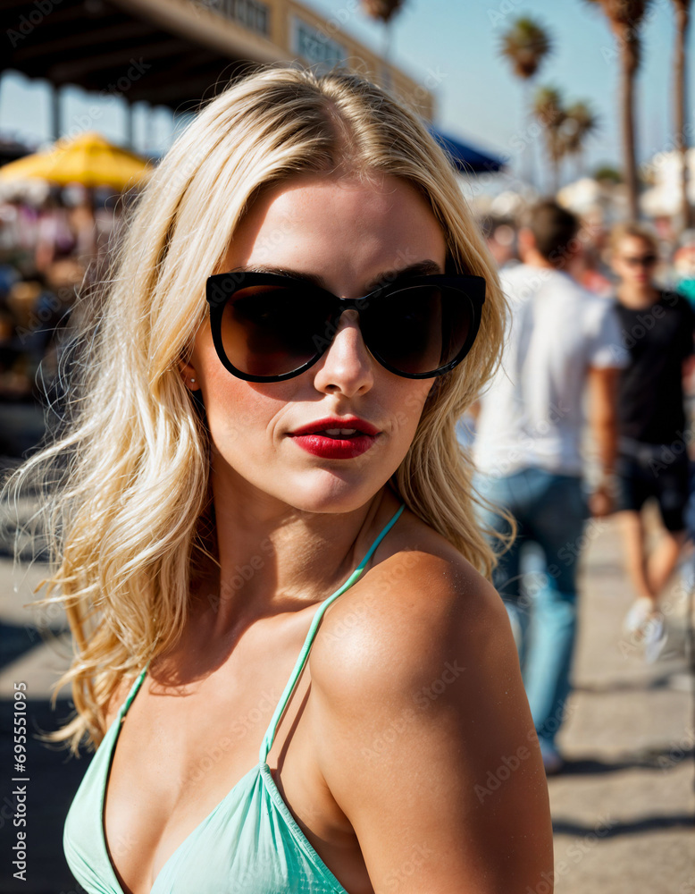 photo of beautiful woman with sunglasses and blonde hair at sand beach city street, generative AI