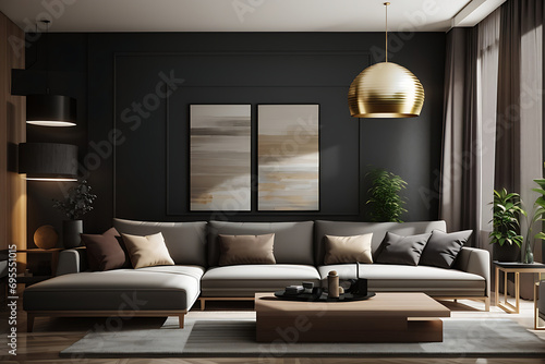living room with modern interior design for the home against the background of a dark classic wall, 3D rendering