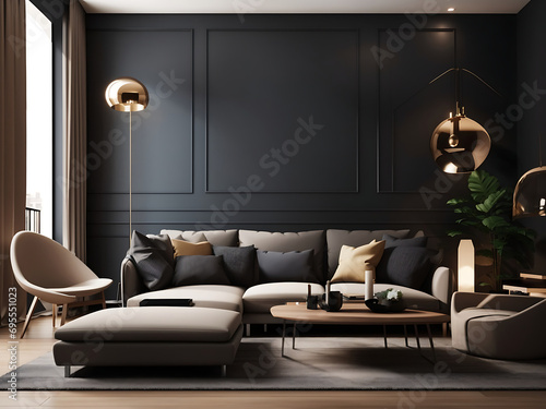 living room with modern interior design for the home against the background of a dark classic wall, 3D rendering © Mahmud
