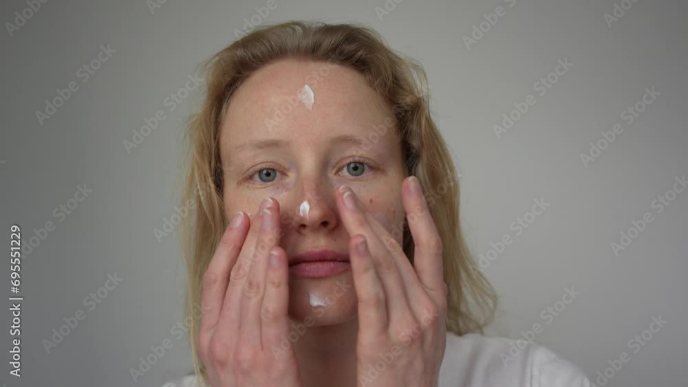 Close-up shot of woman putting face cream in the morning. Skin care, facial skin pampering in mirror. Natural freckled face without make-up. Close-up shot of woman putting face cream in the morning. Skin care, facial skin pampering in mirror. Natural freckled face without make-up.