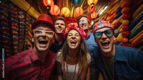 A group taking a fun photo at a carnival photo booth.