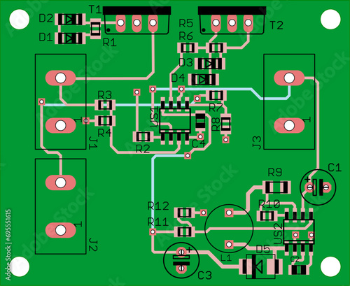 Vector printed circuit board of an electronic 
device with components of radio elements, 
conductors, contact pads placed on it. 
Engineering technical drawing. Pcb pattern.  Electric background.