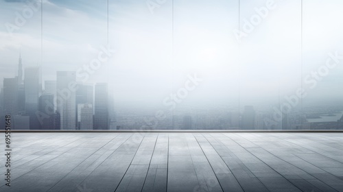 A large empty room with a view of a cityscape. 