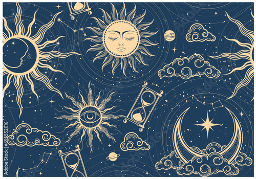 Seamless mystic space pattern with sun, moon and stars, cosmos background in tarot style, astrology magic sky, abstract esoteric ornament, vector