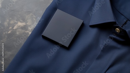 A blue shirt with a black square label. photo