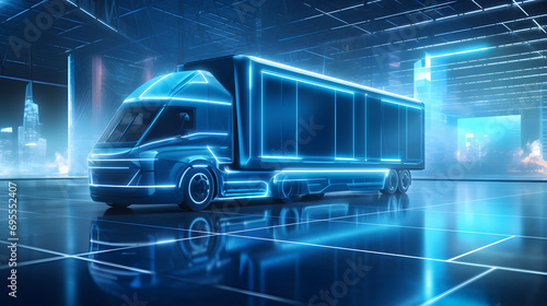 realistic Illustration of Warehouse with Futuristic Truck and Blue Neon Lights © ChemaVelasco