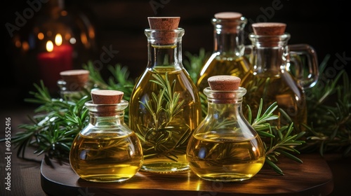  a group of bottles of olive oil on a table with rosemary sprigs and a lit candle in the background on a dark wooden surface with a candlelight.