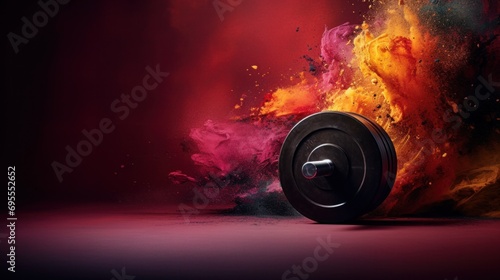 A black barbell with colorful powder on it in a dark room, AI