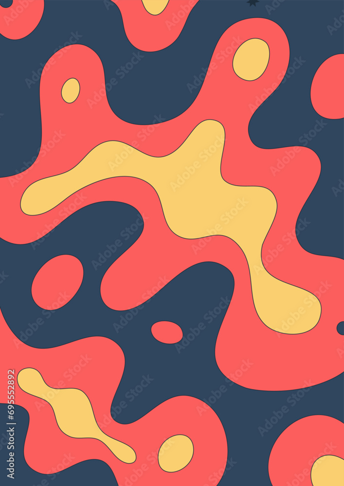 Abstract bright psychedelic background with lava lamp pattern. Red and yellow colors. Wavy colorful spots. Groovy surreal style. Poster, cover for notebook or book. Vector illustration Abstract bright psychedelic background with lava lamp pattern. Red and yellow colors. Wavy colorful spots. Groovy surreal style. Poster, cover for notebook or book. Vector illustration