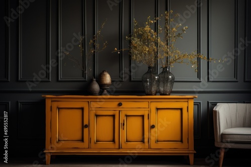  a yellow cabinet with two vases on top of it next to a white chair and a white chair in front of a wall with black paneled paneling.