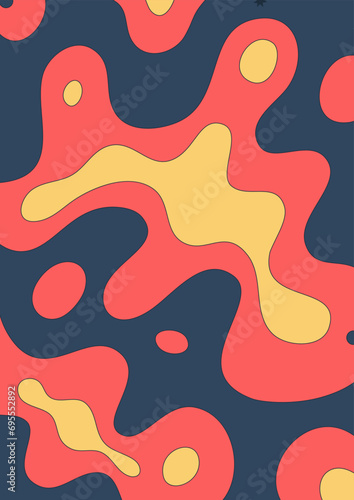 Abstract bright psychedelic background with lava lamp pattern. Red and yellow colors. Wavy colorful spots. Groovy surreal style. Poster, cover for notebook or book. Vector illustration