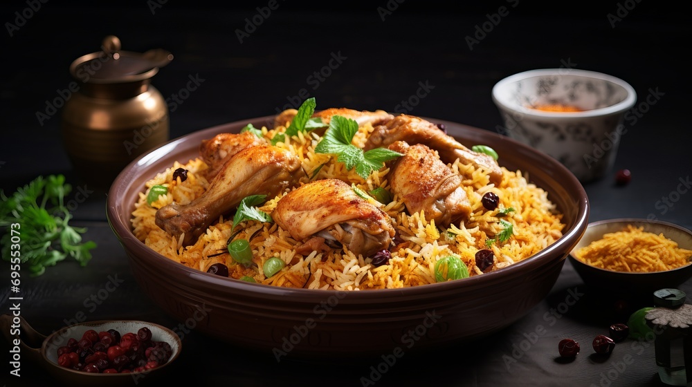 A grey background is set against chicken biriyani with jeera rice and raitha in an earthenware dish. A grey background is set against chicken biriyani with jeera rice and raitha in an earthenware dish.