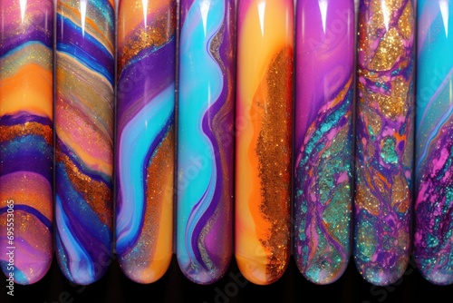  a close up of a number of different types of skateboards with different colors of paint and glitter on the top of the skateboard and bottom half of the skateboard.