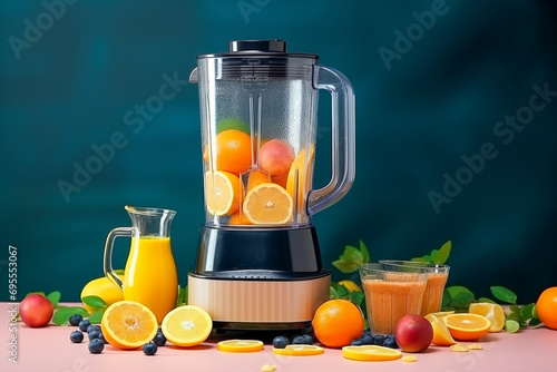 Fruit and herb blender cutting fresh nutricious fruits for delicious fruit cocktail smoothie drink