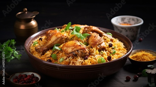 A grey background is set against chicken biriyani with jeera rice and raitha in an earthenware dish.
