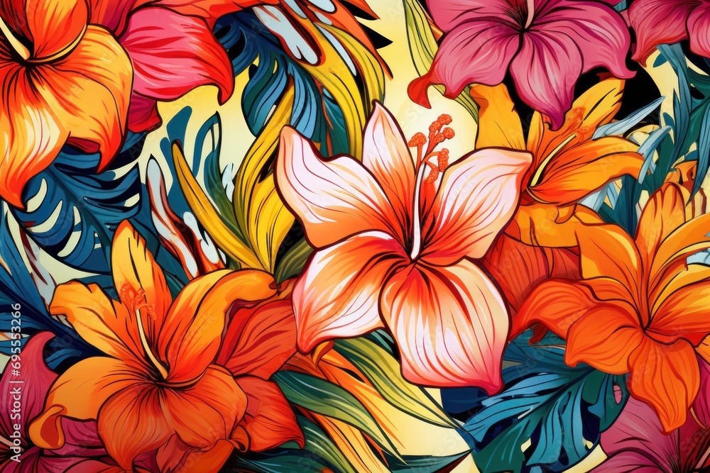 a painting of a bunch of flowers with leaves on a yellow background with a red and orange flower on the left side of the picture and a blue flower on the right side of the. a painting of a bunch of flowers with leaves on a yellow background with a red and orange flower on the left side of the picture and a blue flower on the right side of the.