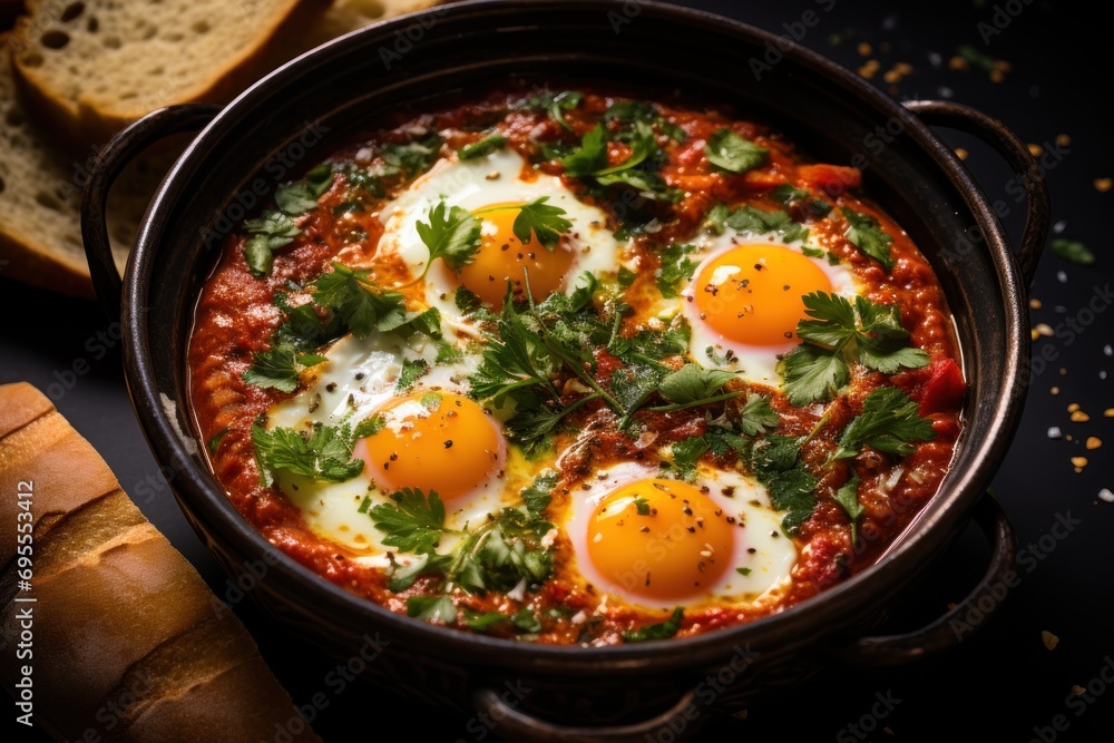 three fried eggs in a tomato sauce and parsley on top of a piece of bread with parsley on top of the egg in a cast iron skillet pan. three fried eggs in a tomato sauce and parsley on top of a piece of bread with parsley on top of the egg in a cast iron skillet pan.