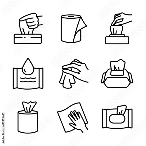 Napkin icons. Tissue paper box icons. UI UX user interface web button. Textile towel, wet and paper napkins line icons set