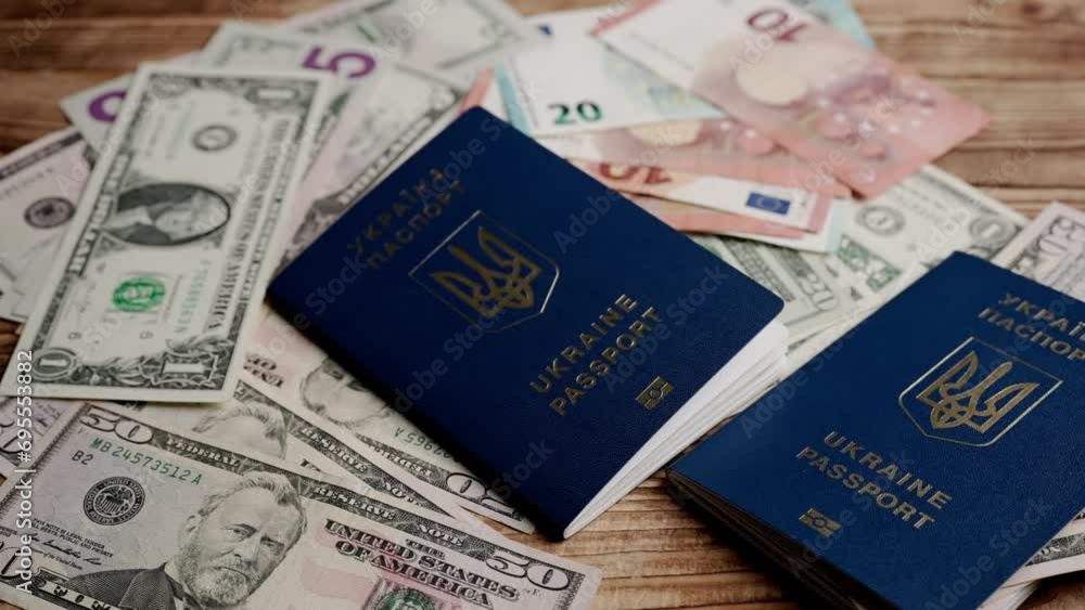 Close up shot of person identity document. Money usa dollars, euro bills scattered on the table and two ukrainian passports laying over. Close up shot of person identity document. Money usa dollars, euro bills scattered on the table and two ukrainian passports laying over.