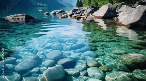 A stunning picture of stunning rocks in the turquoise water of a lake with hills in the background.