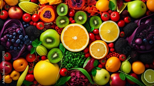 An image featuring a colorful array of fresh fruits and vegetables  highlighting their vibrant hues and diverse nutritional content.