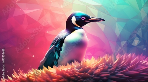 A whimsical 3D render of a penguin adorned in vibrant, iridescent feathers, set against a surreal background filled with floating geometric shapes
