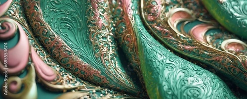 a close up of a green and gold plate
