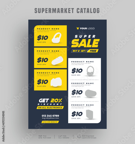 Editable product sale supermarket flyer or catalogue design, Price menu, Super shop grocery sale poster, a4 Sale discount promo ad leaflet design template