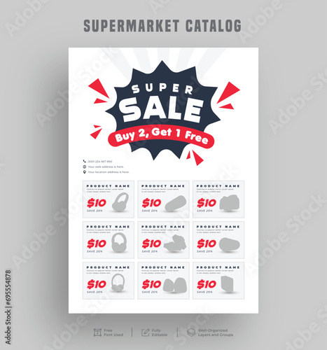 Editable product sale supermarket flyer or catalogue design, Price menu, Super shop grocery sale poster, a4 Sale discount promo ad leaflet design template