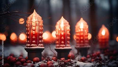 Lanterns with burning candles in the winter forest. Christmas and New Year concept.