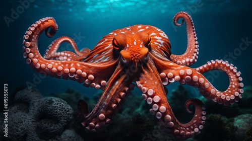 An octopus that is bright orange, has a large head, and thick tentacles, is found in the mediterranean sea.