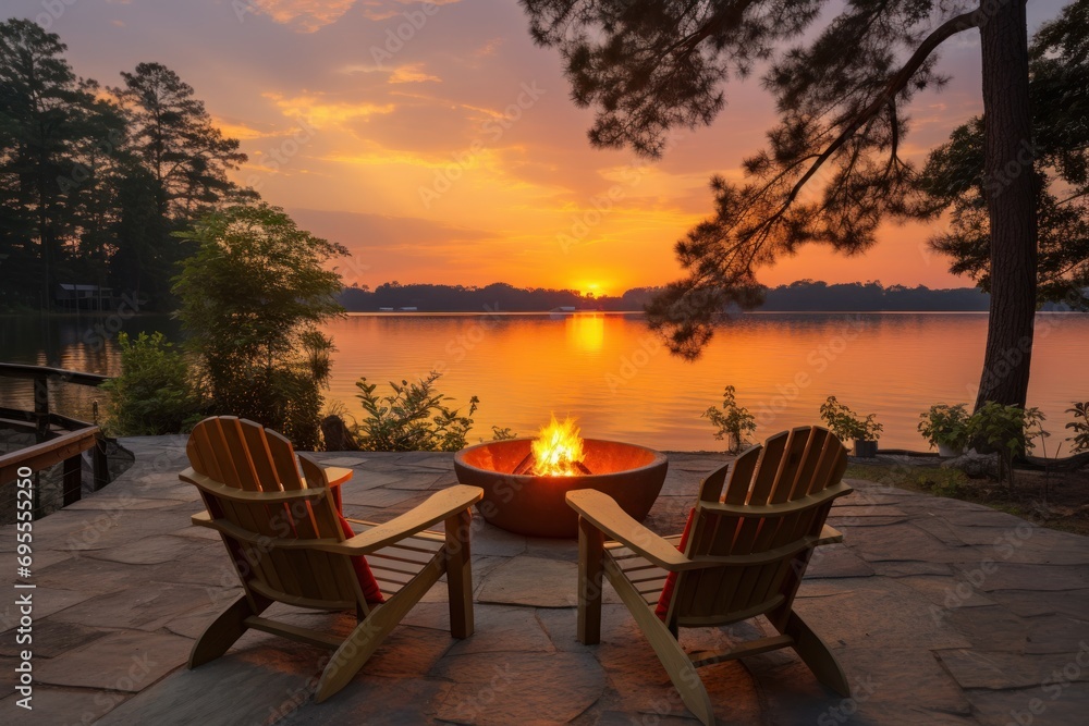  a couple of chairs sitting next to a fire pit on top of a stone floor next to a body of water with a sunset in the middle of water behind them.
