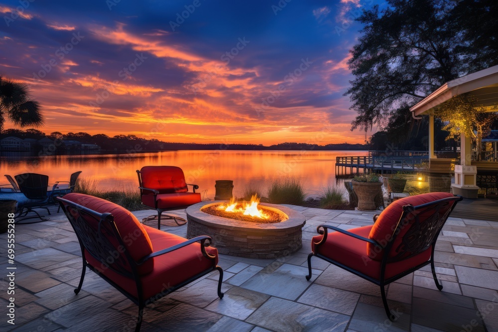 a fire pit sitting in the middle of a patio next to two red chairs and a fire pit in the middle of a patio with a lake in the background. a fire pit sitting in the middle of a patio next to two red chairs and a fire pit in the middle of a patio with a lake in the background.