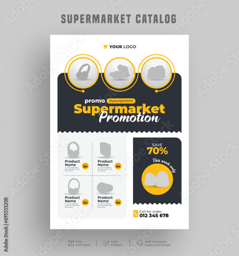 Editable product sale supermarket flyer or catalogue design, Price menu, Super shop grocery sale poster, a4 Sale discount promo ad leaflet design template