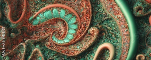 a close up of a green and red swirl