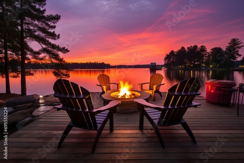  a couple of chairs sitting on top of a wooden floor next to a fire pit in the middle of a wooden deck near a body of water with a lake in the background. © Nadia