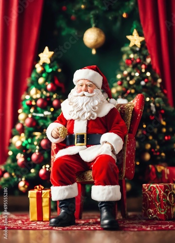 A little doll-like Santa Claus stands near the Christmas tree with toys