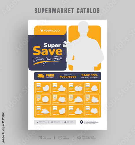 Editable product sale supermarket flyer or catalogue design, Price menu, Super shop grocery sale poster, a4 Sale discount promo ad leaflet design template