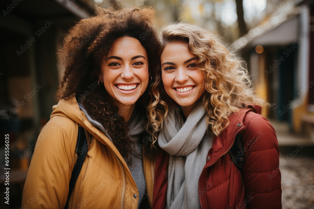 Two interracial best friends smiling and having a good time together in the street,generative ai Two interracial best friends smiling and having a good time together in the street,generative ai