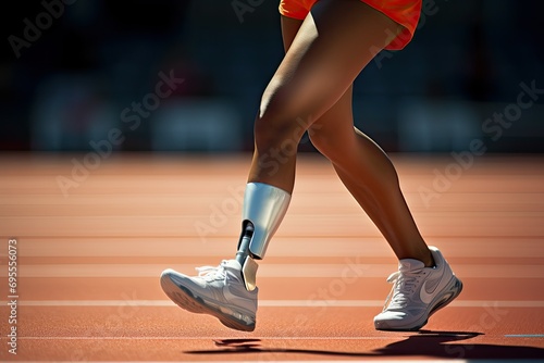 Parasport. woman para athlete on prosthetic leg running track stadium, para athletics championships © Olena