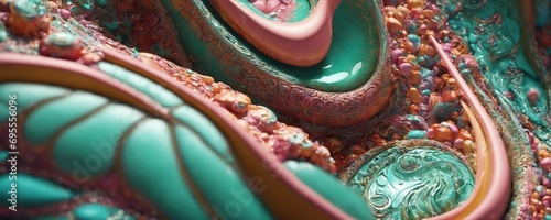 a close up of a sculpture with a green and pink design