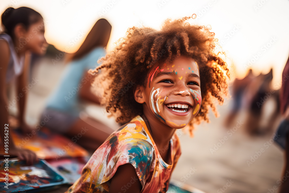 Enfant métis riant aux éclats sur la plage lors d'une activité peinture