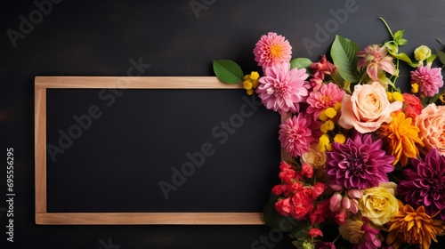 Nearby a chalkboard with writing, there are colorful bouquets.