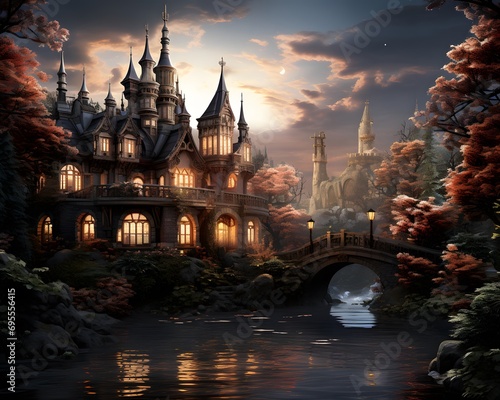 Beautiful fantasy landscape with fantasy castle and bridge. Digital painting.