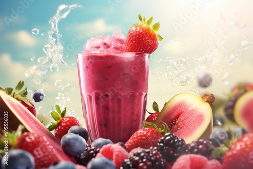  a smoothie with strawberries, blueberries, kiwis, and watermelon on a blue and white background with a splash of water on the glass.