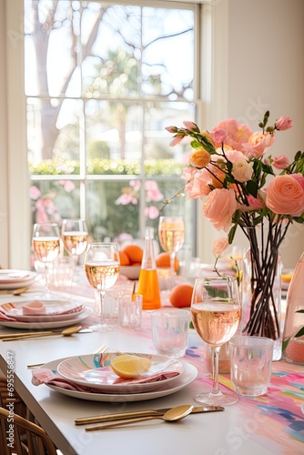 Festive table setting with flowers and fruits, bright interior