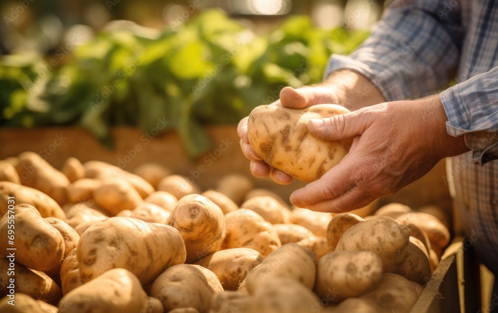 A farmers man's hands picking a potatoes on a farmers market